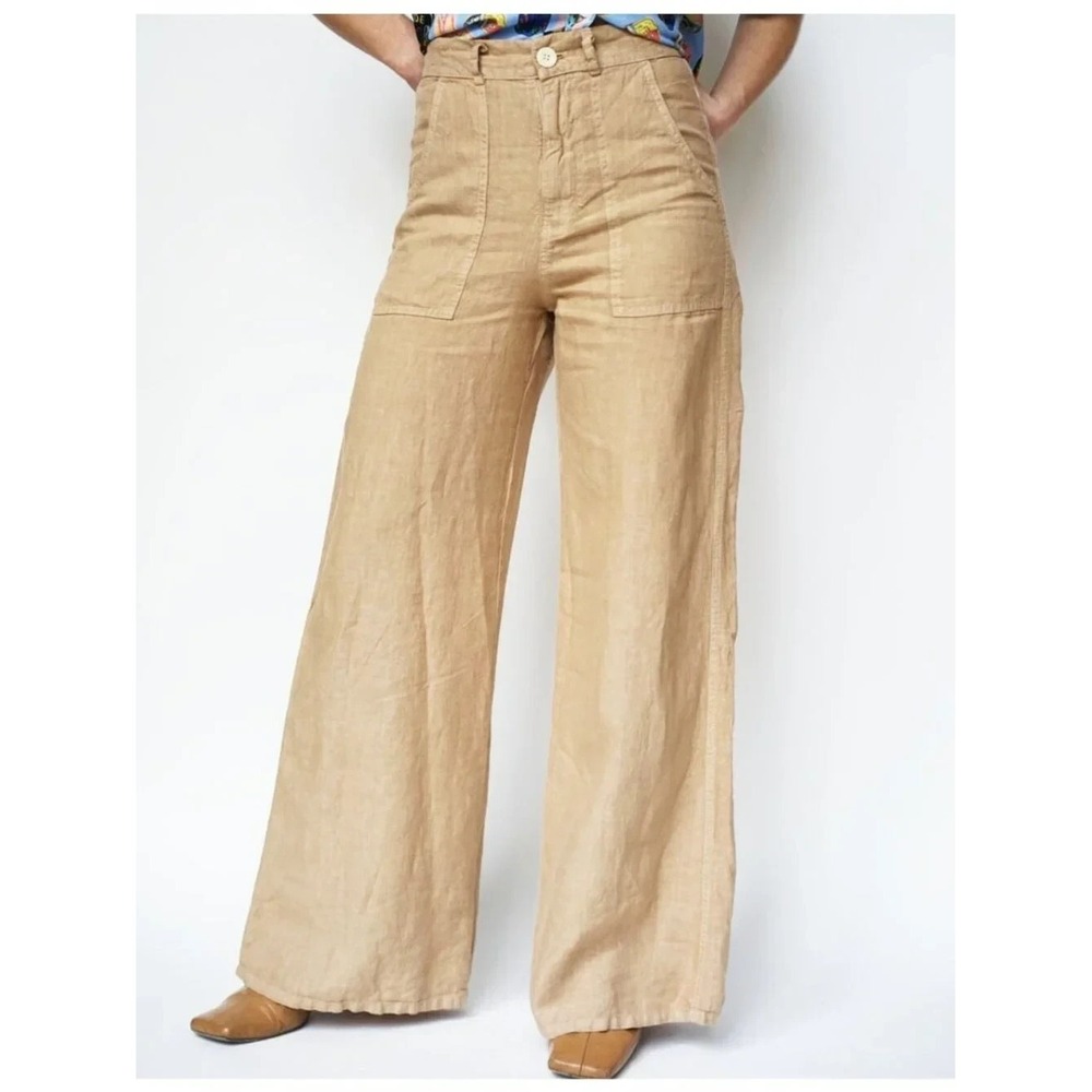 Enza Costa French Linen High Waist Wide Leg Pant in Tan Size 2